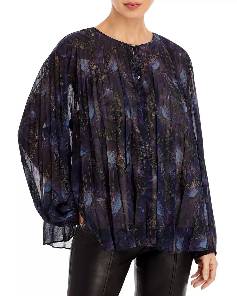 Vince Indigo Deco Floral Print Chiffon Blouse Missing Lining XS NEW